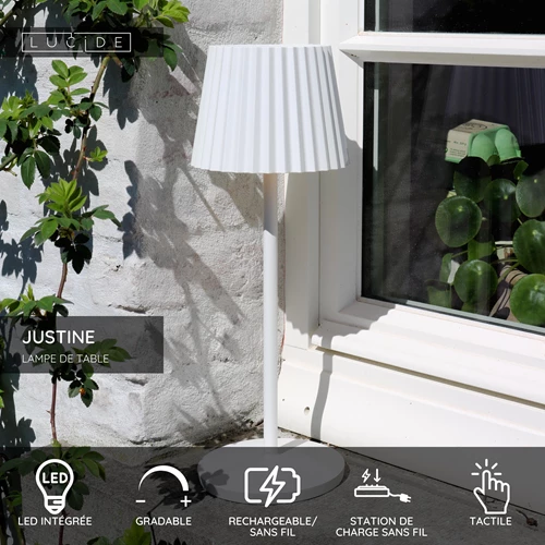 Lucide JUSTINE - Lampe de table Rechargeable Intérieur/Extérieur - Batterie/Piles - LED Dim. - 1x2W 2700K - IP54 - Avec station de charge sans fil - Blanc - USP